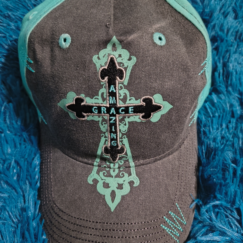 Amazing Grace Embroidered Cap - Gray and Teal
